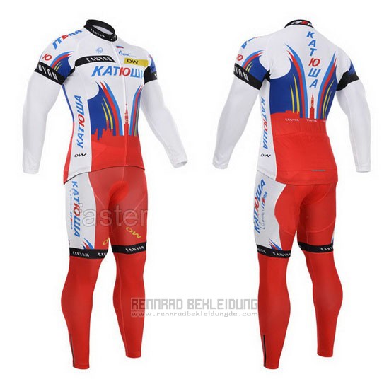 2015 Fahrradbekleidung Katusha Wei und Rot Trikot Langarm und Tragerhose